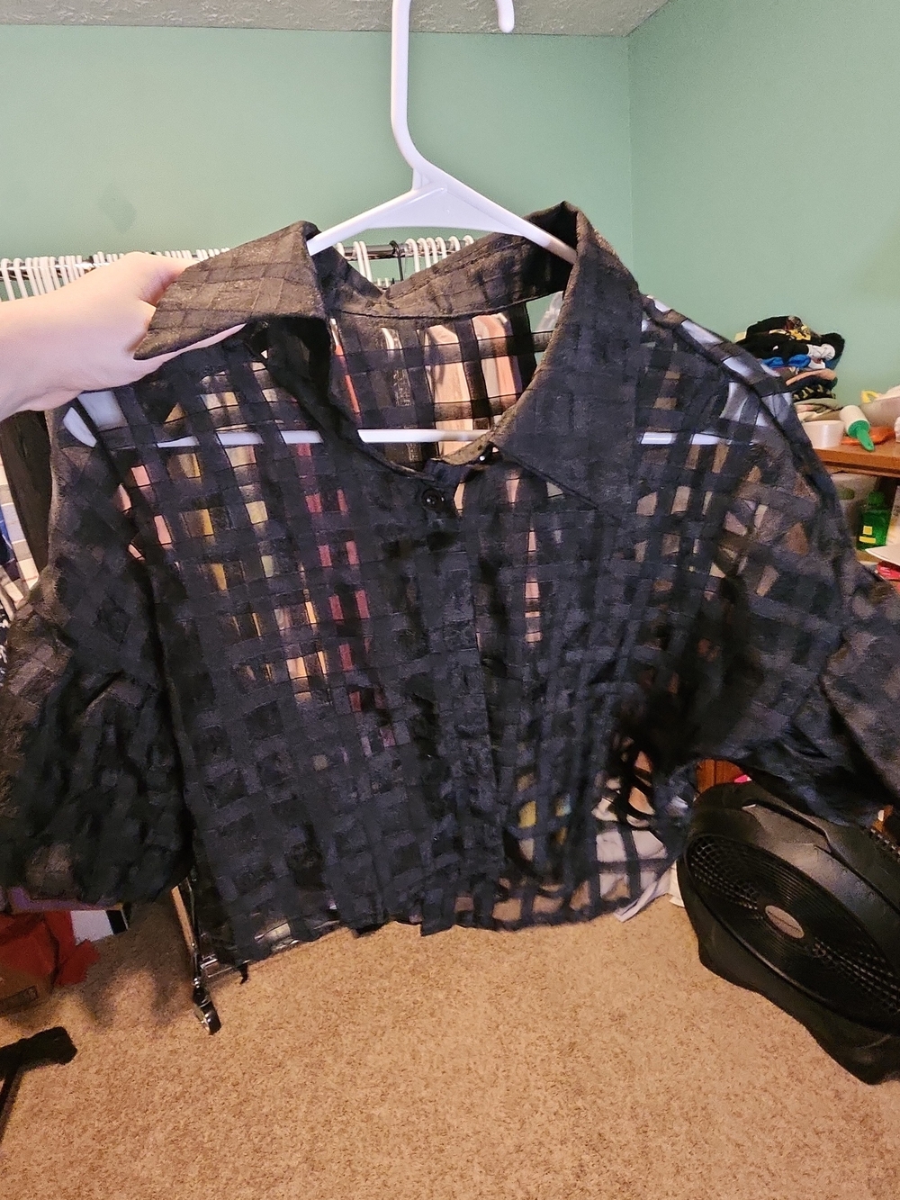 Black Sheer Windowpane Button Down Blouse Open Weave Lightweight Layering Top